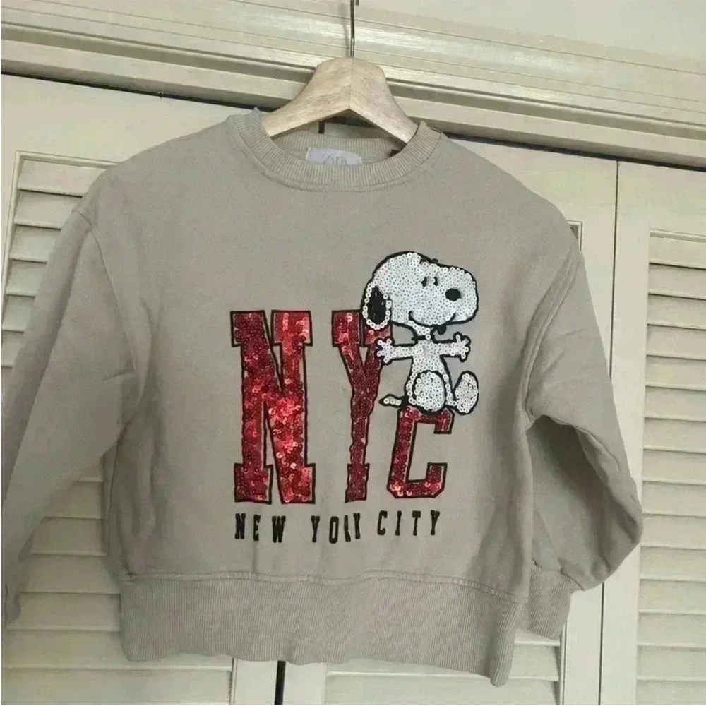 Zara Beige Kids Sweatshirt with Red Sequin NYC and White Snoopy